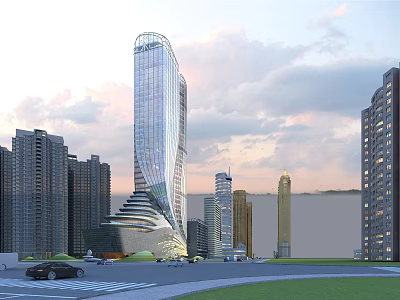 Modern Office Building With Glass Curtain Wall In Urban Skyscraper Setting And Road Traffic 3d model