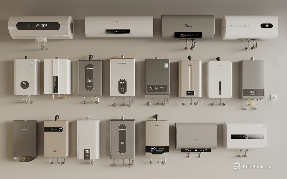 Various Wall Mounted Water Heaters With Different Designs And Colors 3d model 