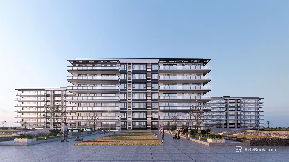 Modern Residential Complex With Multi Storey Buildings Glass Facades Balconies And Landscaped Square 3d model 