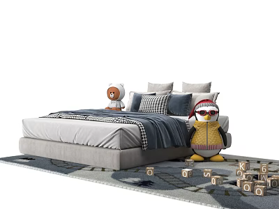 Kids Bed with Stuffed Toys Pillows and Blanket on Soft Rug with Building Blocks 3d model