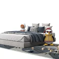 Kids Bed with Stuffed Toys Pillows and Blanket on Soft Rug with Building Blocks