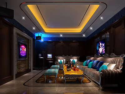 Elegant KTV Lounge Interior With Plush Sofa Large TV Screens And Warm Lighting 3d model