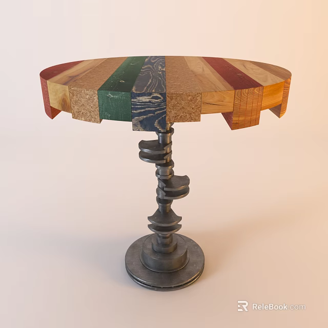 Round Bar Counter With Colorful Wooden Planks And Metal Spiral Base Design 3d model 