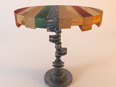Round Bar Counter With Colorful Wooden Planks And Metal Spiral Base Design 3d model