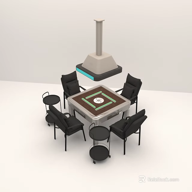 Square Entertainment Table With Four Black Chairs Small Stools Overhead Light And Central Game Area 3d model 