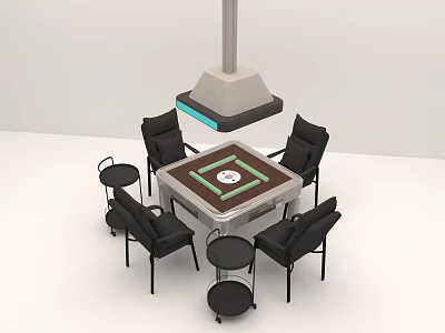 Square Entertainment Table With Four Black Chairs Small Stools Overhead Light And Central Game Area 3d model