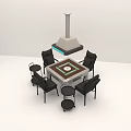 Square Entertainment Table With Four Black Chairs Small Stools Overhead Light And Central Game Area