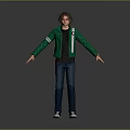 Man in Green Jacket Black Top Blue Jeans White Shoes Standing Arms Outstretched Against Gray Background