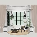 Serene Home Balcony Featuring Large Window Hanging Plants Potted Greenery Chair Round Coffee Table Curtains