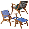Stylish Accent Chairs With Wooden Frame Blue Pattern Black White Striped Fabric And Matching Ottoman