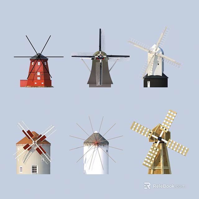 Various Traditional Windmills with Different Colors and Unique Architectural Features 3d model 