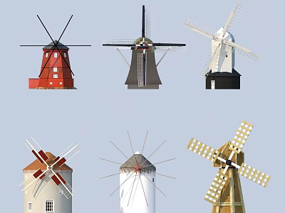 Various Traditional Windmills with Different Colors and Unique Architectural Features 3d model