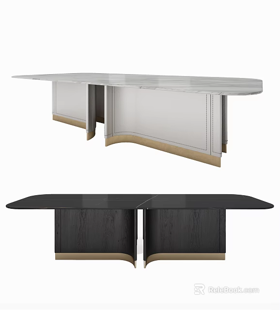 Modern Dining Table With Marble Top Black Surface And Gold Accent Base 3d model 