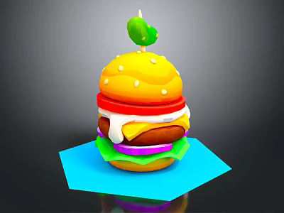 Colorful Burger with Yellow Bun Green Topping Tomato Cheese Purple Onion Lettuce on Blue Paper 3d model