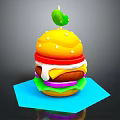 Colorful Burger with Yellow Bun Green Topping Tomato Cheese Purple Onion Lettuce on Blue Paper