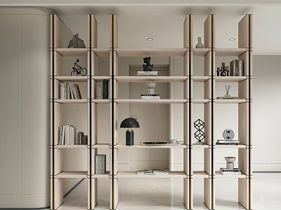 Modern Open Bookcase Design With Metal Frame And Wooden Shelves Books Decorations And Lamps 3d model