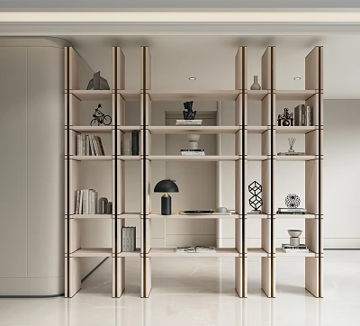 Modern Open Bookcase Design With Metal Frame And Wooden Shelves Books Decorations And Lamps 3d model