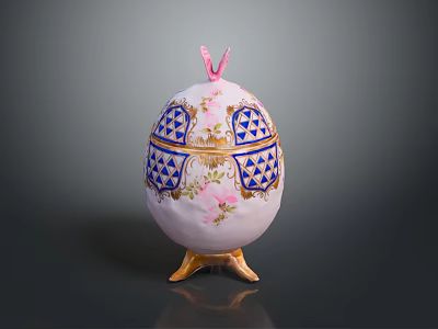 Rabbit Themed Decorative Egg Featuring Pink Ears Blue White Pattern And Golden Base 3d model