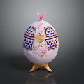 Rabbit Themed Decorative Egg Featuring Pink Ears Blue White Pattern And Golden Base 3d model