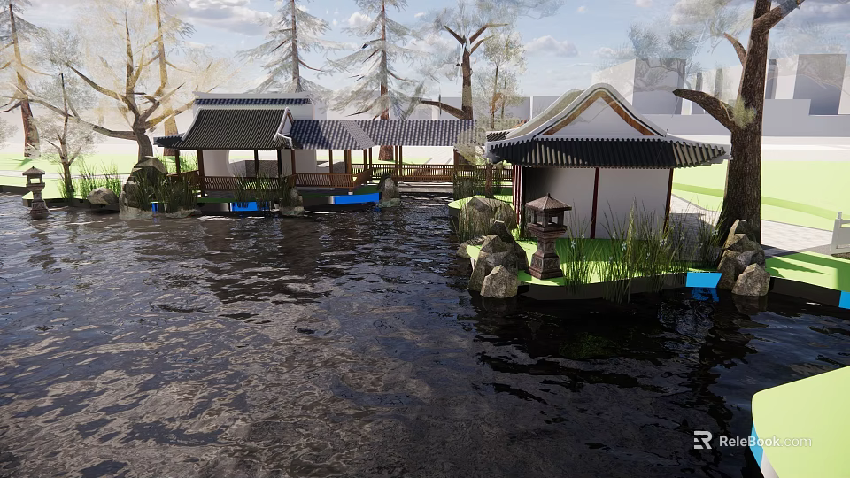Chinese Garden Park Scenic View With Traditional Pavilions Pond Lanterns And Green Plants 3d model 