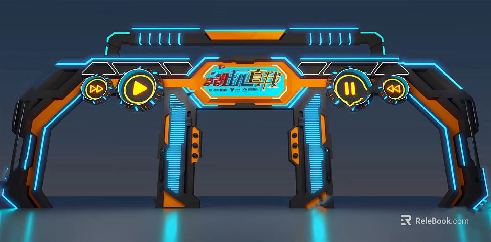 Game Themed Event Entrance Gate With Neon Lights Illuminated Buttons And Futuristic Design 3d model 