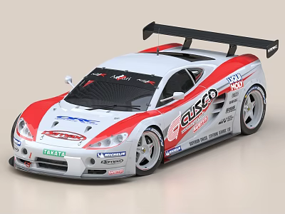 Red And White Racing Car With Large Rear Wing And Sponsor Decals 3d model