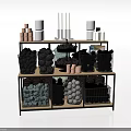 Retail Display Shelf with Multi Tiered Storage Holding White Cups Black Baskets and Decorative Containers