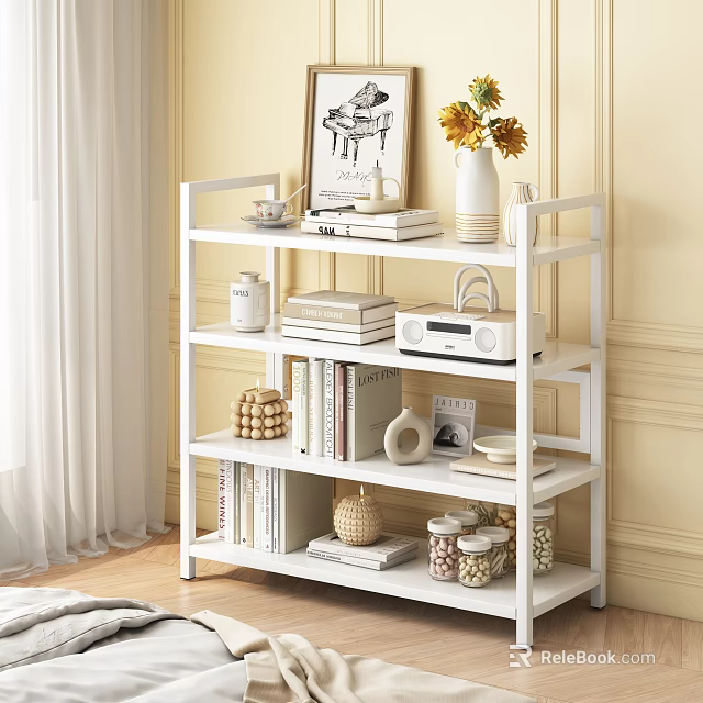 White Multi Tiered Storage Shelf Organizing Books Vase Radio Jars Photo Frame in Living Room 3d model 