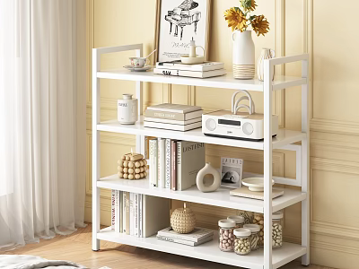 White Multi Tiered Storage Shelf Organizing Books Vase Radio Jars Photo Frame in Living Room 3d model