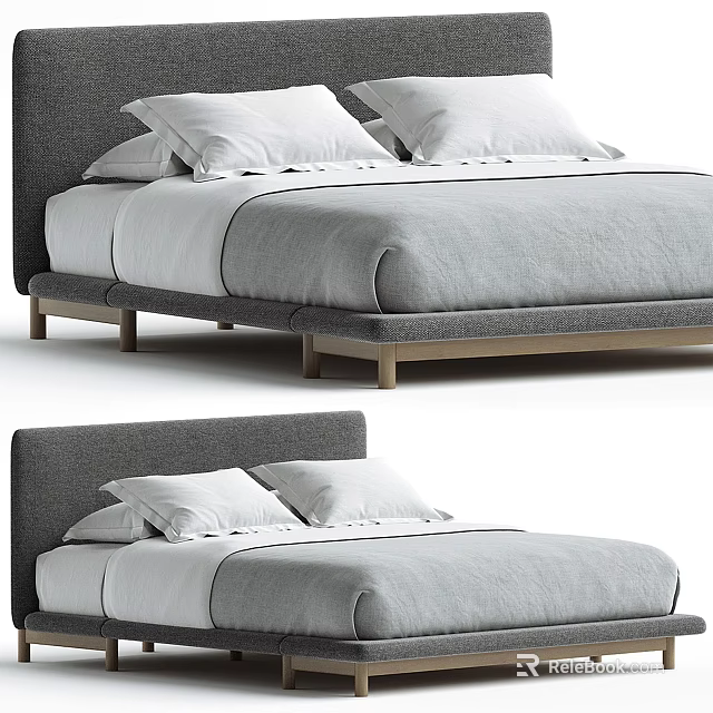 Modern Double Bed Design With Upholstered Gray Headboard Wooden Legs White Linen Bedding 3d model 
