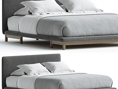 Modern Double Bed Design With Upholstered Gray Headboard Wooden Legs White Linen Bedding 3d model