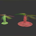 Two Palm Trees With Brown Trunks And Feathery Green Fronds On Stone Bases