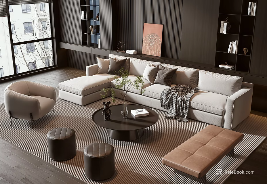 Modern Living Room Sofa Coffee Table Set With Light Upholstery Black Table And Decorative Pillows 3d model 