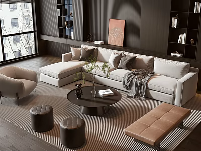 Modern Living Room Sofa Coffee Table Set With Light Upholstery Black Table And Decorative Pillows 3d model