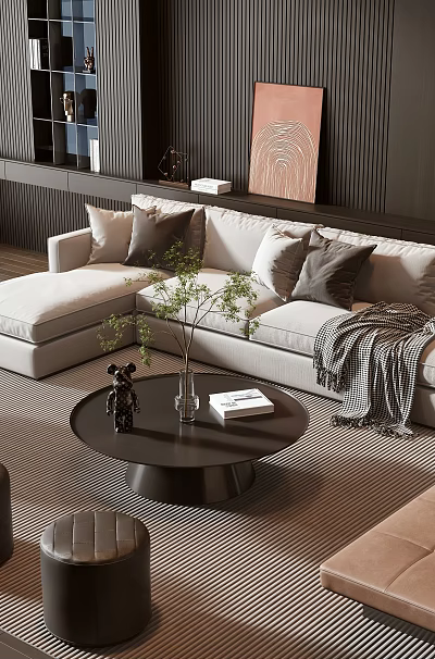 Modern Living Room Sofa Coffee Table Set With Light Upholstery Black Table And Decorative Pillows 3d model