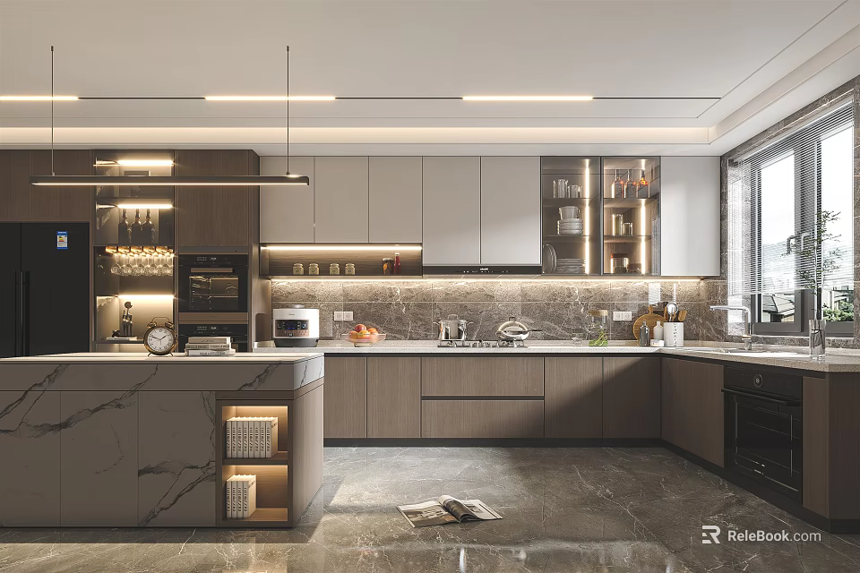 Modern Kitchen Interior With Marble Countertop Island Cabinets And Pendant Lighting 3d model 