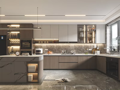 Modern Kitchen Interior With Marble Countertop Island Cabinets And Pendant Lighting 3d model