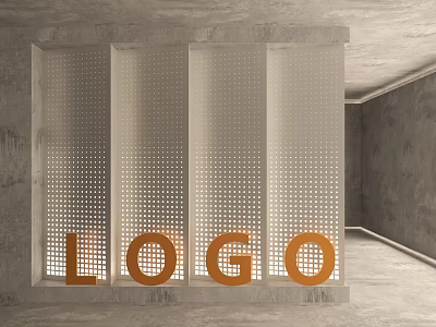 Perforated Panel Background Wall With Orange LOGO In Modern Concrete Interior 3d model