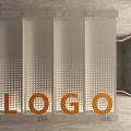 Perforated Panel Background Wall With Orange LOGO In Modern Concrete Interior