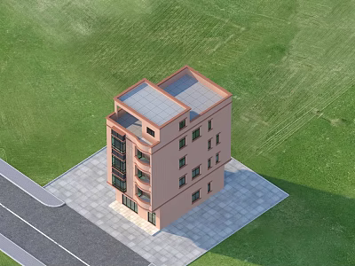 Pink Exterior Detached Villa With Multi Story Design Green Lawn And Parking Area 3d model