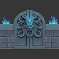 Mystical Blue Door With Dragon Carved Design And Brick Pillars Flaming Torches