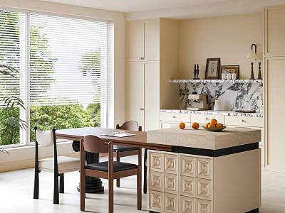 Restaurant Interior With Large Windows Blinds Green Plants Dining Table Chairs And Marble Island Countertop 3d model