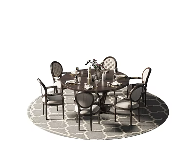 Modern Round Dining Table Set With Upholstered Chairs And Decorative Vase On Area Rug 3d model