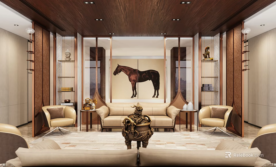 Elegant Hotel Public Lounge with Wooden Ceiling Horse Painting Comfortable Sofa Decorative Sculpture Soft Lighting 3d model 