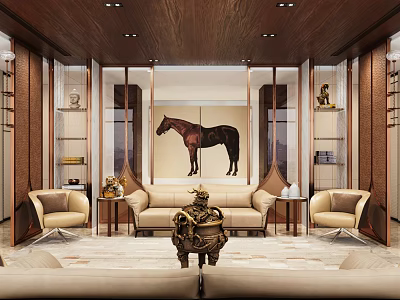 Elegant Hotel Public Lounge with Wooden Ceiling Horse Painting Comfortable Sofa Decorative Sculpture Soft Lighting 3d model