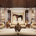 Elegant Hotel Public Lounge with Wooden Ceiling Horse Painting Comfortable Sofa Decorative Sculpture Soft Lighting