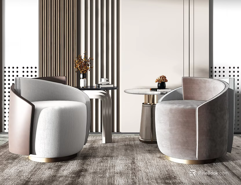 Modern Casual Sofa Set With Round Fabric Design Metal Bases And Decorative Side Table 3d model 