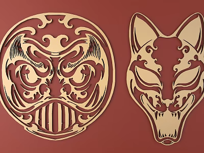 Intricate Carved Traditional And Fox Masks Featuring Gold Patterns On Red Background 3d model