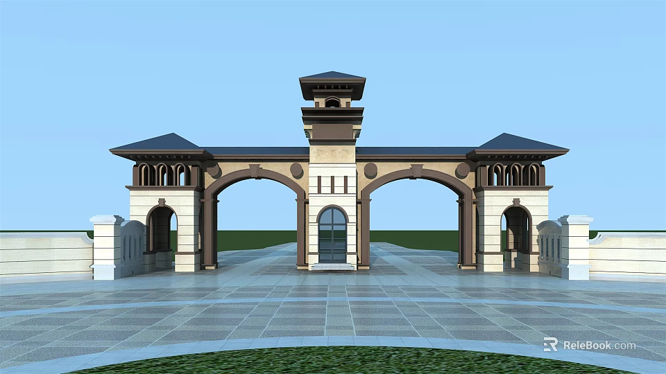 European Style Entrance Gate With Double Archways Tower And Decorative Details 3d model 