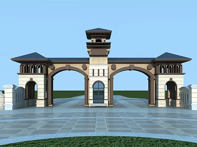 European Style Entrance Gate With Double Archways Tower And Decorative Details 3d model